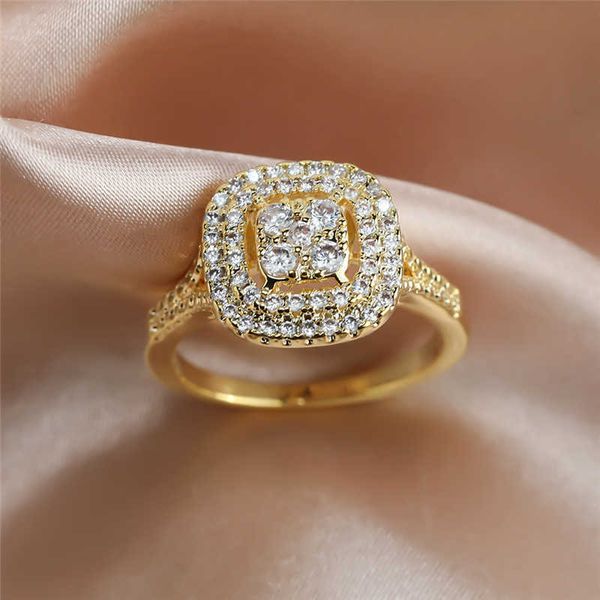 Band Rings Luxe femme petit blanc rond cristal bague Vintage couleur or Rose anneaux de mariage pour les femmes mignon carré Zircon bague de fiançailles AA230417