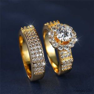 Bagues de bande de luxe femme blanc Zircon anneau ensemble mode jaune or couleur fiançailles mariage pour les femmes ensembles de mariée
