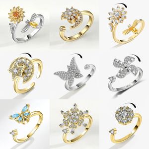 Anneaux de bande Luxe Fidget Spinner Bague Anti Anxiété pour Femmes Cristal Fleur Abeille Papillon Animal Knuckle Relaxant Jewerly Anillos 231123