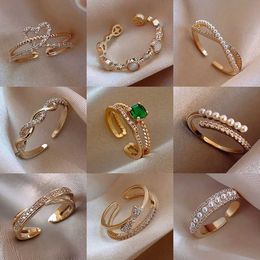 Bandringen luxe gouden kleur parel zirkon ringen voor vrouw koper vintage sexy open ring party joint ring mode elegante sieraden geschenken z0327