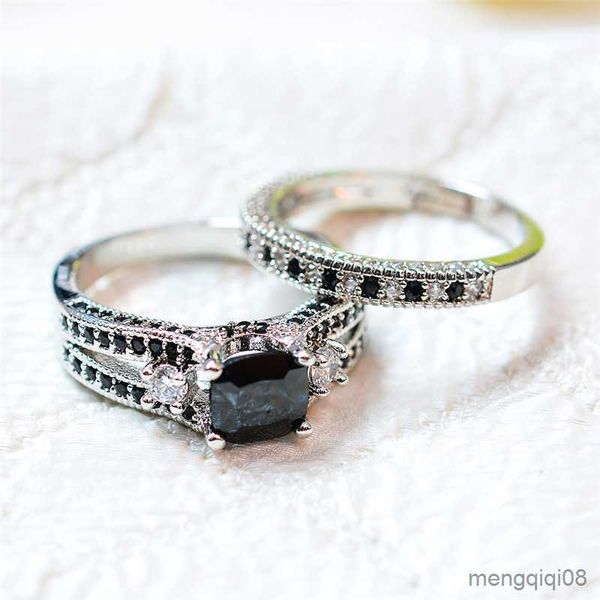 Anillos de banda de lujo para hombre y mujer, conjunto de anillo negro pequeño, boda de Color plateado bonito para hombres y mujeres, compromiso de amor a la moda