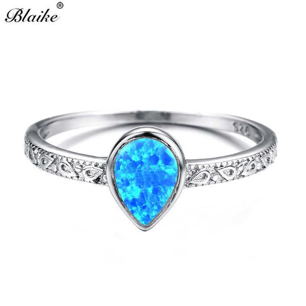 Anillos de banda Anillos de ópalo de fuego de lujo con corte de pera, piedra arcoíris, azul, púrpura, blanco, Color plata, anillo de piedra natal, alianzas de boda, joyería AA230412