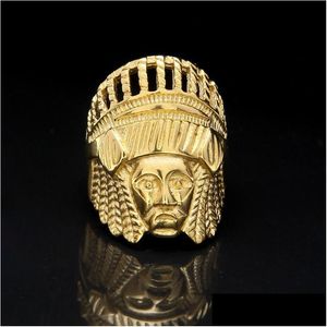 Anillos de banda para hombre Hip Hop Anillo de oro Joyería Retro Jefe indio Punk Vintage Aleación exagerada Entrega de gota de metal Dhgarden Otrnq