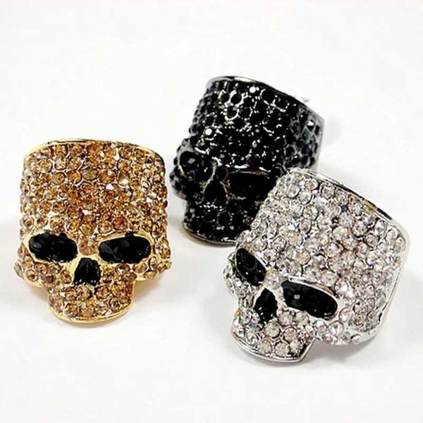 Bands Anneaux Mens Rock Punk Brand Skull Ring Unisexe Crystal Black / Gold Bicycle Rmale Bijoux de mode en gros J240429