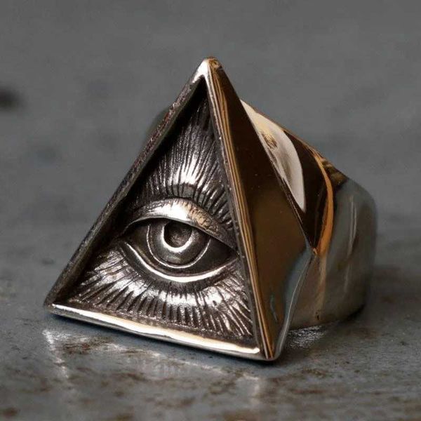 Anillos de banda Anillo de motorista de acero inoxidable para hombre Cráneo Color plata Masón Illuminati Triángulo Anillos masónicos Joyería masónica punk 240125