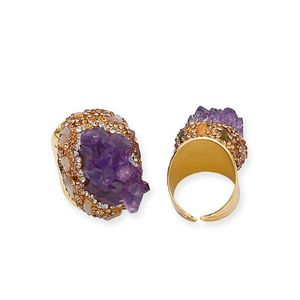 Anneaux de bande Micro Inclay Amethyst Cluster Open Ring pour les femmes Filles à la main Bijoux de doigt en cristal violet irrégulier avec tourmalinel240105