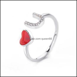 Bandringen Moissanite Diamond Ring For Woman Red Heart Dazzling U Letter Women Luxe sieraden Verstelbare Sier Wedding Engagement Dro DH3AD