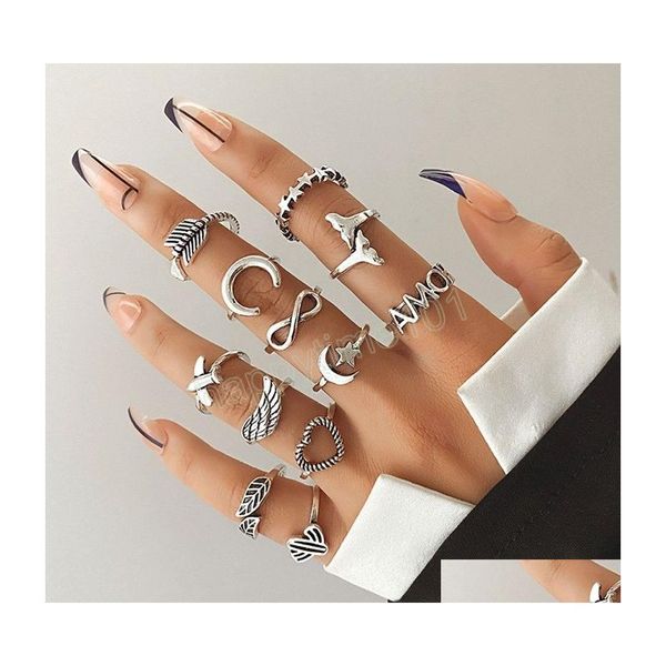 Anillos de banda Moon Tail Wing Ring Vintage Woman Men Fashion Heart Leaf Anillos Set Arrow Infinite Loop Jewelry Gift Drop Delivery Dh5Ya