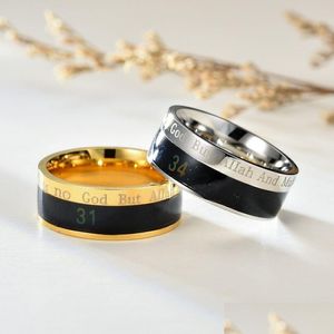 Anneaux de bande Dieu musulman Température Sensing Humeur Bague Doigt en acier inoxydable pour hommes Bijoux de mode Will et Sandy Gold Noir Bleu Dr Dh7Rn