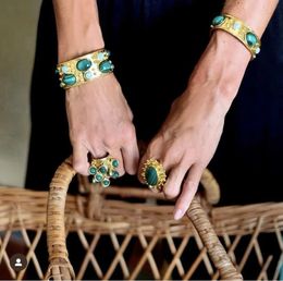 Anneaux de bande Pierre précieuse de couleur malachite naturelle, multi-pendentif, anneau ouvert vintage 231218