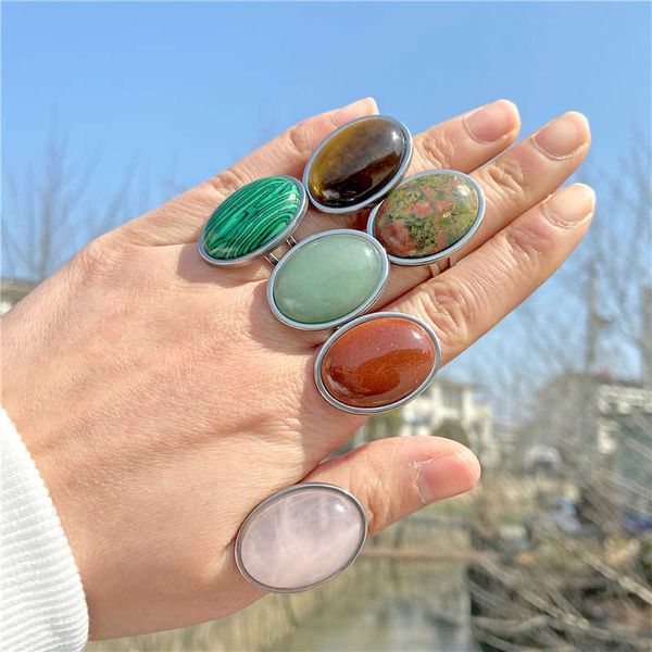 Anillos de banda Anillo de piedra natural para mujeres Color de plata vintage Aventurine Stone Anillos de piedra Big Cabochon Men Ajustable Joyería P230411