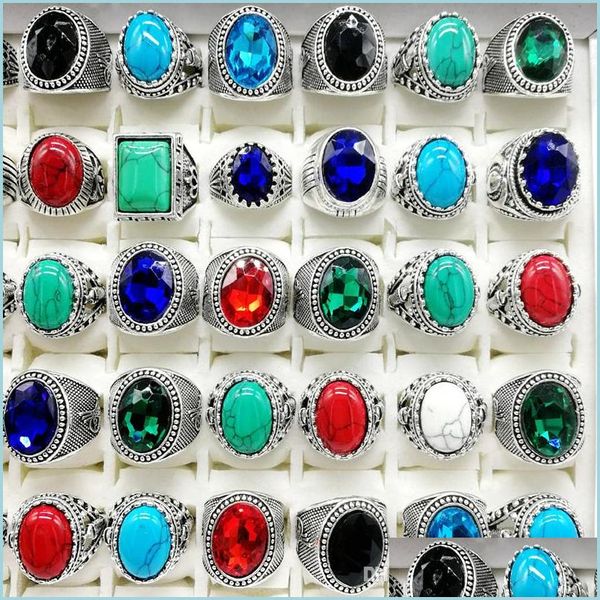 Band Rings Nouveau 30 pièces/paquet Turquoise bande anneaux hommes femmes mode bijoux Antique Sier Vintage pierre naturelle anneau cadeaux de fête Drop De Dht6R