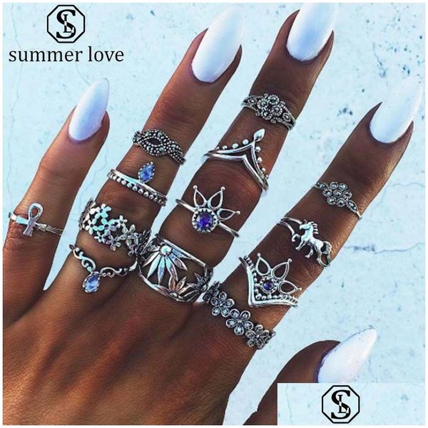 Bande Anneaux Nouvelle Arrivée 13 Pcs / Ensemble Couronne Fleur De Lotus Goutte D'eau Cristal Anneau Ensemble Pour Les Femmes Vintage Sier Or Knuckle Bijoux De Mode D Dhohy