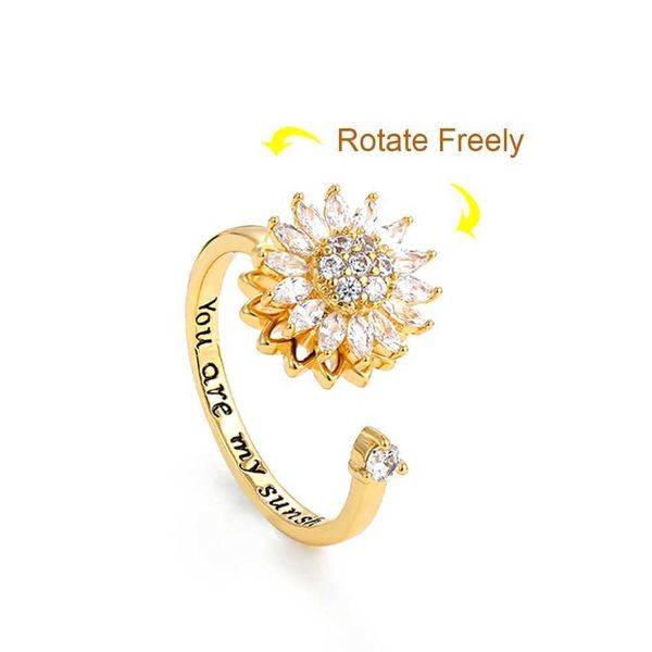 Anillos de banda Nuevo diseño Anillo giratorio de girasol Anillo antiestrés y ansiedad para mujer Cristal Eres mi sol Anillos de flores Regalos 240125