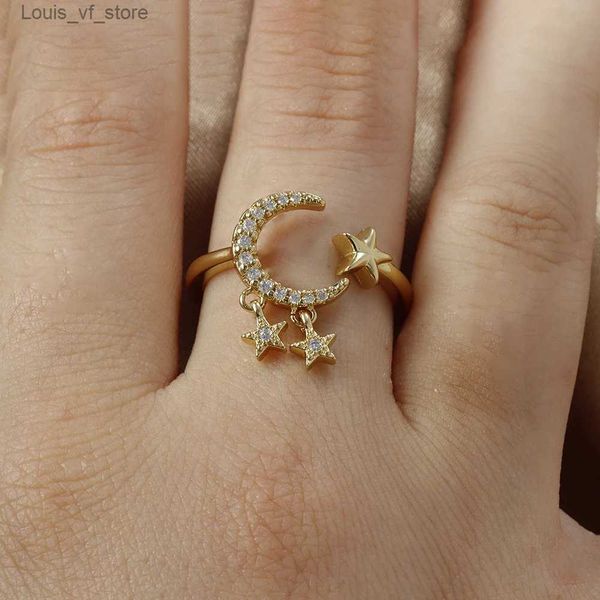 Anneaux de bande Nouveau design Zircon Star Moon Open Ring pour les femmes Luxury Fashion Fashion en acier inoxydable Anneau de bijoux coréen Party Girl's Sexy Ring T231213