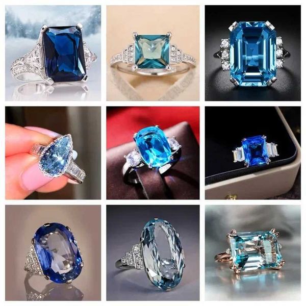 Anillos de banda Nuevo moda exagerada anillo de cristal azul cóctel gigante cielo cubo circonía de San Valentín joyería de regalo al por mayor Q240427