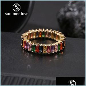 Anillos de banda Nueva joyería de moda Rainbow Square Baguette Cz Anillo de compromiso para mujer Oro Cobre Cubic Zirconia Colorf Eterni Yydhhome Dhmw3