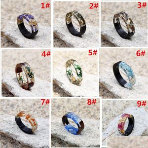 Anillos de banda Nuevos hechos a mano Resina de madera Lámina de oro Flores Plantas en el interior Para Mujeres Hombres Moda Diy Joyería Regalo Drop Delivery Ring Dhahg