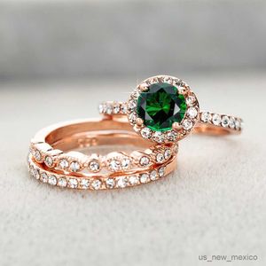 Bandringen Nieuwe hoogwaardige groene steenkristallen verlovingsringen voor vrouwen Rose Gold Zirkon Vintage Bridal Wedding Ring Sieraden