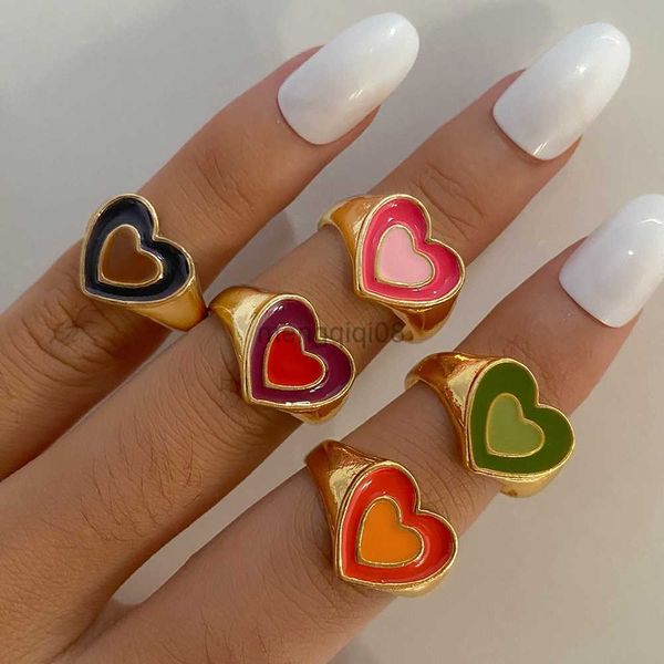 Anelli a fascia New Ins Creative Cute Colorful Double Layer Love Heart Ring Vintage Drop Oil Metal For Women Girls Fashion Jewelry Y23