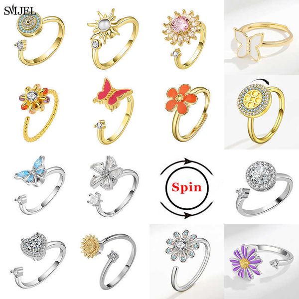 Anillos de banda Nuevo Anillo de ansiedad de lujo Fidget Spinner Anillos Mujeres Corea Cristal Margarita Mariposa Flores Anillo Spinning Anti Estrés Joyería Regalo