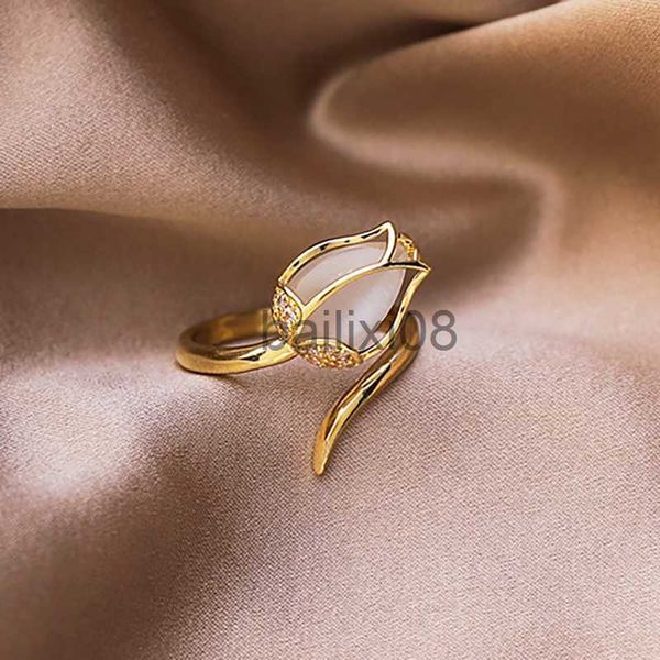 Bande Anneaux Nouveau Luxe Rose Fleur Feuille Réglable Doigt Anneaux De Mariage pour Femmes Tulipe Zircon Anneau Ouvert Glamour Bijoux Fille Cadeau J230719