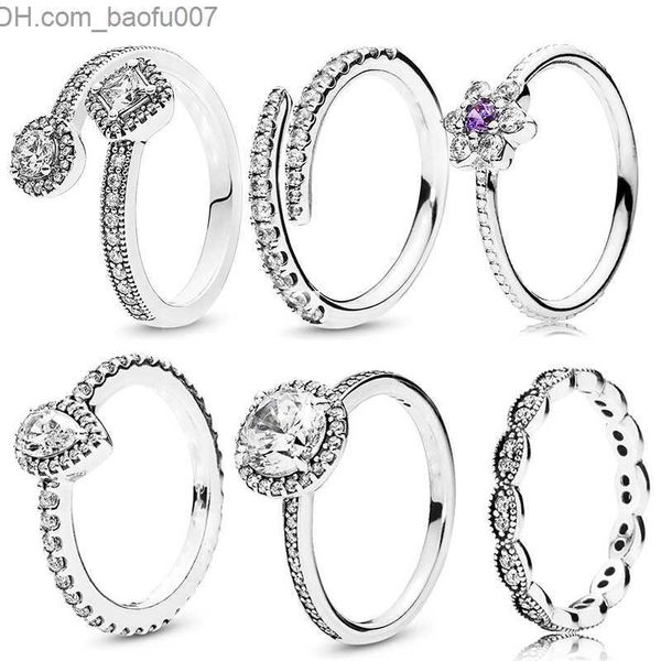 Anillos de banda Nuevo Popular 925 Anillos de plata esterlina Gotas de agua Anillo de dedo delgado Transparente CZ Pandora Sra. Joyería de boda Accesorios de moda Regalo Z230629