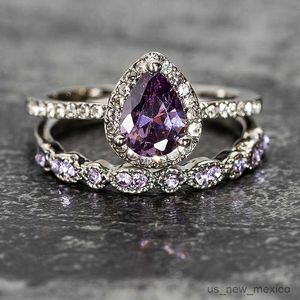 Bandringen Nieuwe Purple Stone Crystal Engagement Rings voor vrouwen Drop Shape Zirkon Vintage Bridal Wedding Ring Hoogwaardige sieraden