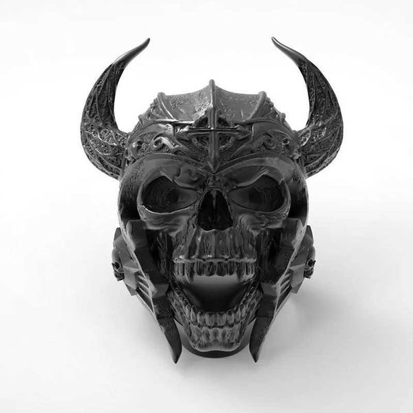 Anillos de banda Nuevo Retro Bull Head Mask Warrior Skull Shape Ring Anillo de hombre Moda Metal Horror Skull Horn Anillo Accesorios Joyería de fiesta L240105