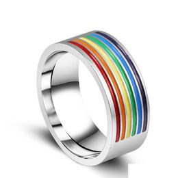 Bandringen Nieuwe roestvrij staal Gay Rainbow Color Homoual Pride Hoge kwaliteit Titaniumring voor mannen Women Fashion Jewelry in BK Drop de Dhucs