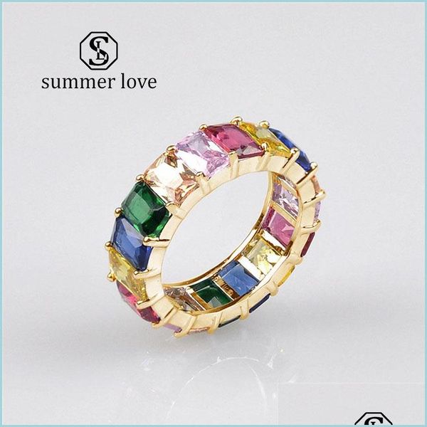 Anillos de banda La más nueva moda Deaigner Jewelry Rainbow Square Baguette Cz Anillo de compromiso para mujer Chapado en oro Cubic Zirconia C Sexyhanz Dhzaf