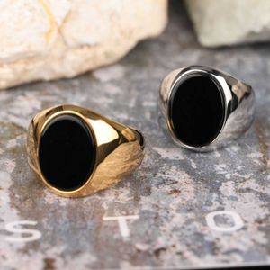 Bandringen Nieuwste Eenvoudige Natuurlijke Zwarte Onyx Vergulde Ring voor Vrouwen Mannen Handgemaakte Ring Gothic Sieraden Accessoires Factory Outlet G230213