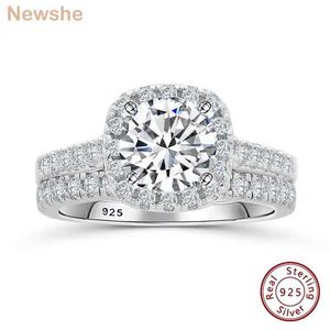 Anneaux de bande newshe 925 Ensemble de bague de fiançailles en argent adapté aux femmes luminosité halo rond coupée zircon de luxe bijoux de mariage J240508