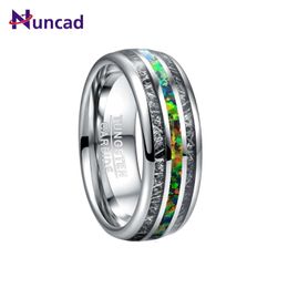 Bandringen Nuncad 8 mm breedte heren bruiloft verloving ingelegd zwart meteoriet groen opaal wolfraamcarbide 221119