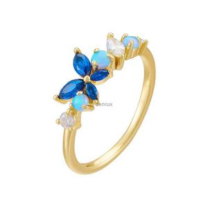 Anneaux de bande Opale Sapphire Butfly Flower Cluster réglage Zirconia 925 Silver Silver 14K Anneau plaqué or jaune pour Womenl240105