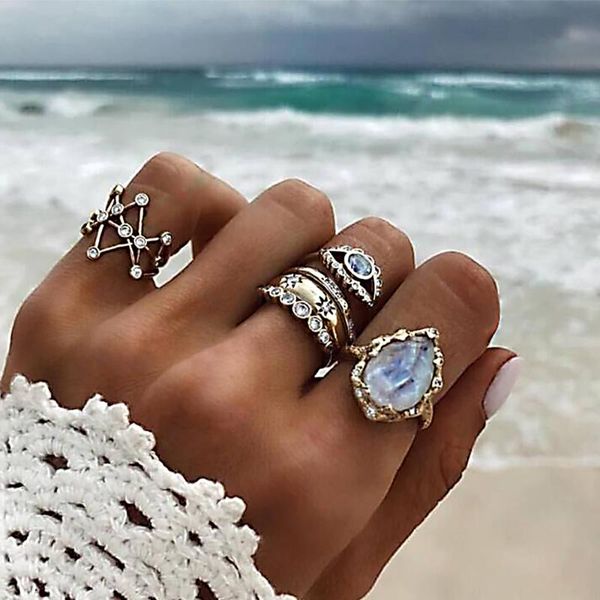 Conjunto de anillos de banda para mujer, conjunto de anillo de oro con ojo de Fátima de cristal geométrico exagerado bohemio para mujer, accesorios de joyería de moda para la playa