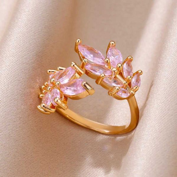 Anillos de banda Anillos de hoja de árbol de circón rosa para mujer, anillo de acero inoxidable brillante de lujo, pareja romántica elegante, joyería de alianza de boda anillosL240105