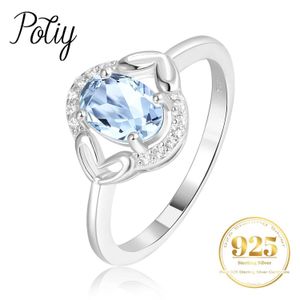 Anillos de banda Potiy Oval Natural Sky Blue Topaz 925 Anillo de plata esterlina Moda para mujer Anillo de compromiso de piedras preciosas J240326