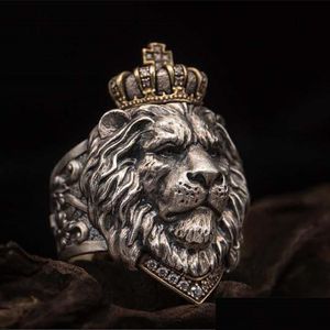 Bandringen Punk Animal Crown Lion Ring for Men Male Gotische sieraden 714 Big Size228T Drop levering DHMJS