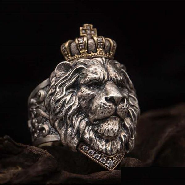 Anillos de banda Punk Animal Crown Lion Ring para hombres Joyería gótica masculina 714 Big Size228T Drop Delivery Dhmjs