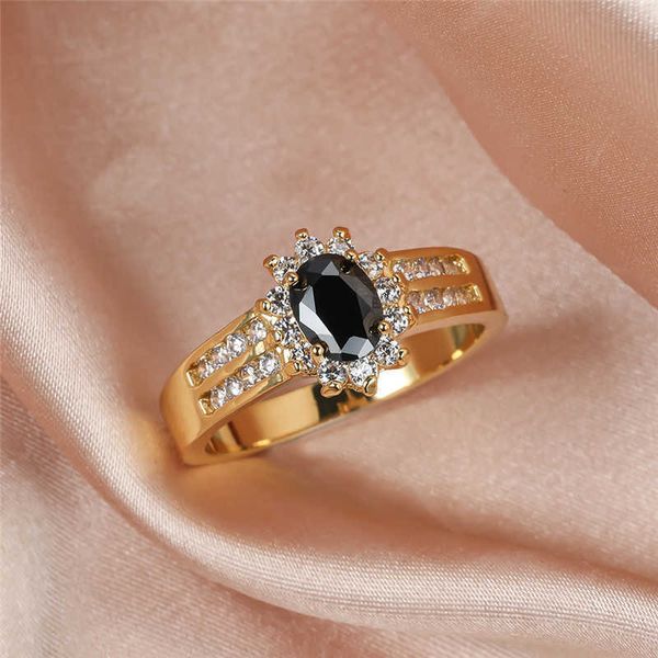 Anillos de banda Punk Femenino Negro Oval Cristal Joyería Encanto Color Oro Anillos de Boda Para Mujeres Boho Novia Flor Compromiso Día de San Valentín Regalo G230213