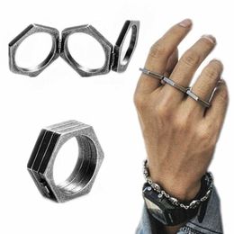 Anillos de banda Anillo geométrico punk Anillo hexagonal plegable de acero inoxidable vintage para mujeres Hombres Adolescentes Moda callejera Joyería gruesa 240125