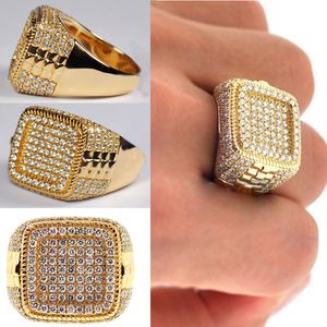 Anneaux de bande Punkboy Mens Gold Color Anneau pour fête Full Bling Iced Out Cumbic Micro Paveed CZ Crystal Luxury Hip Hop Bijoux 230814