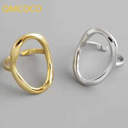 Anneaux de bande QMCOCO minimaliste irrégulier évider ovale couleur argent anneau géométrique pour les femmes anneaux ouverts bijoux fins ornement cadeaux 240125