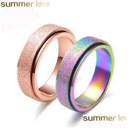 Anillos de banda Arco Iris Simple 6Mm anillo giratorio de acero inoxidable para hombres mujeres moda chorro de arena compromiso promesa gota Deliv Dhtoe