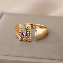 Bandringen Regenboog Zirkoon Womens Letter Ring Goud RVS Initial Ring Verstelbare Bruidspaar Ring Boheemse Sieraden Tas J240326