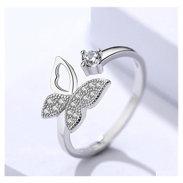 Anneaux de bande réel pur Sier couleur bijoux Zircon papillon anneau pour les femmes mariage doigt ouvert Anillos Anelli livraison directe Dhmnk