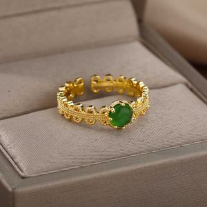 Bandringen Retro Groene Opaal Ringen Voor Vrouwen Roestvrij Staal Vintage Gouden Kleur Ring Koreaanse Bruiloft Band Esthetische Sieraden Paar anillos AA230417