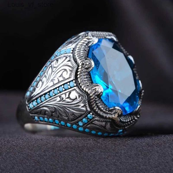 Anneaux de bande Retro à la main Turc pour hommes Vintage Metal Silver Couleur incrustée Bleu Zircon Punk Ring Bijoux Muslim H240424