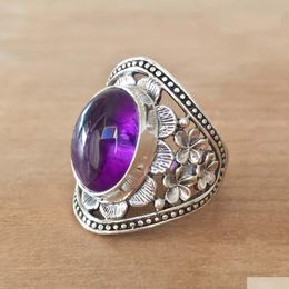 Anneaux de bande Retro Népal Purple Crystal Ring pour l'homme femme fleur Hollow Out Drop Livrot Jewelry Dhgarden Dhmpo